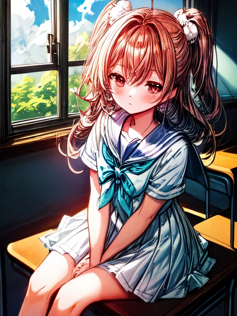Create an image of a sitting girl who is sleeping in a classroom during the day, sailor suit, classroom, A person leaning on their hand and staring at you with a thoughtful expression. The image should capture the essence of summer, The girl should be in a typical summer pose, with a high-contrast effect and a subtle glow. The upper part of the screen should have a darker tone, gradually transitioning into a brighter tone towards the bottom.A beautiful scene of fluffy cumulus clouds entering through the window in the background.
