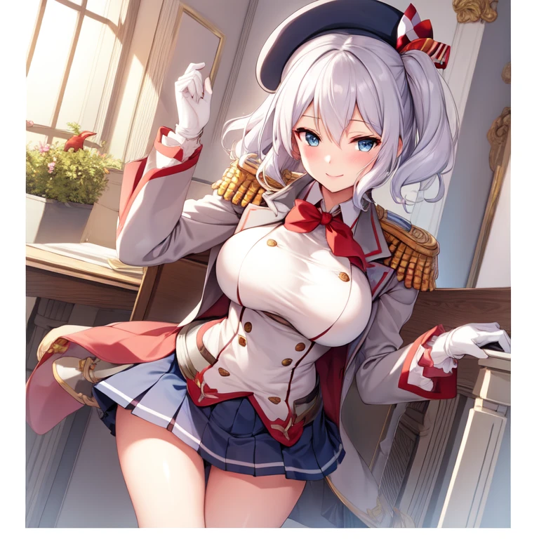 (masterpiece, best quality:1.2),Smile,One hand touches her breast,illustration,8k,HD,1 girl,solitary,Upper Body,portrait,blush,White hair,blue eyes,curls,Double tail,Crane plum,Berets,Epaulettes,Ruffled sleeves,jacket,Large Breasts,Long sleeve,,mini skirt,Pleated Skirt,Red tie,White gloves,anchor,