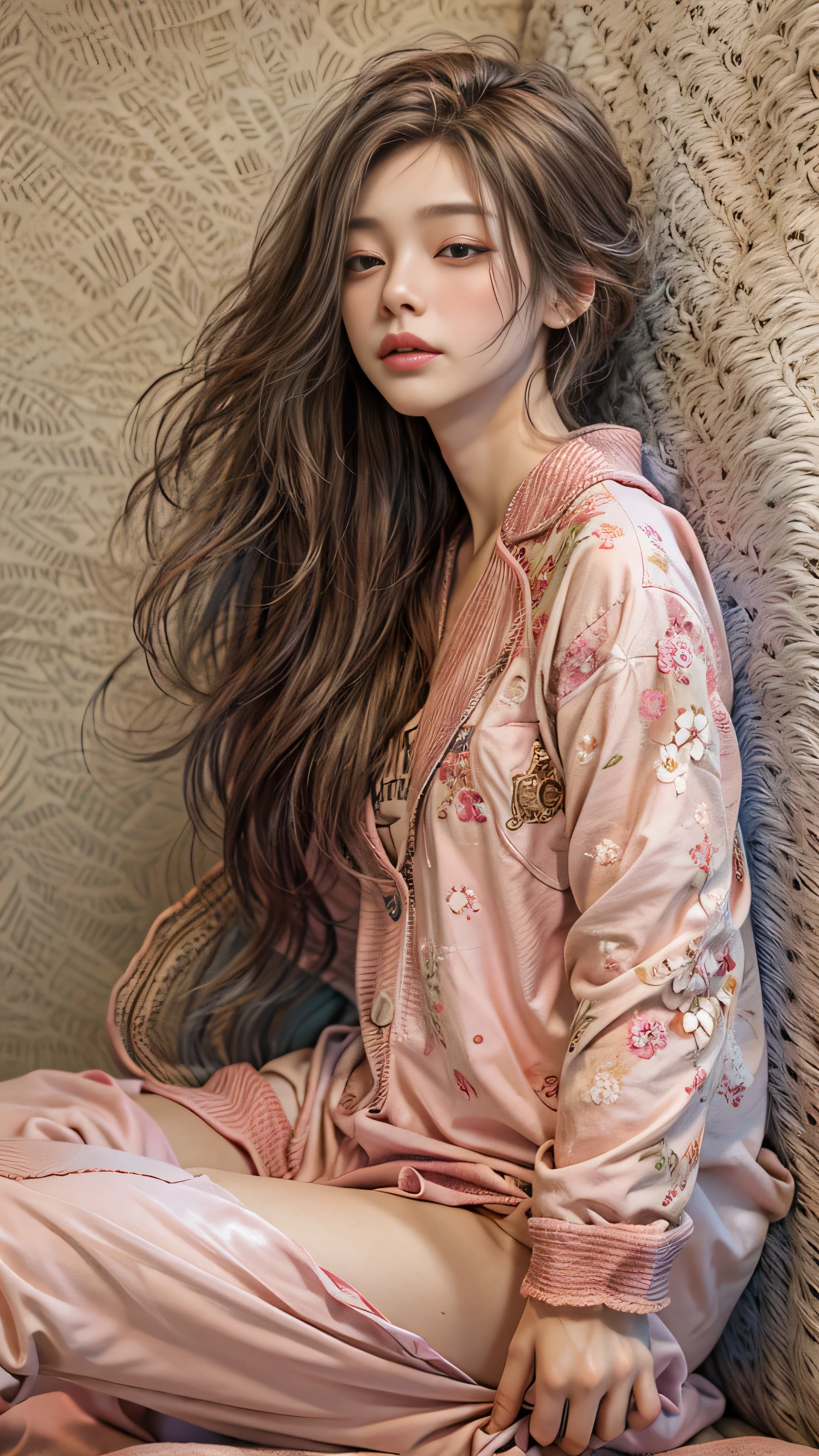 Sleeping girl, 22 years old, realistic, she is wearing long pants, she is wearing pink pajama, brown hair.