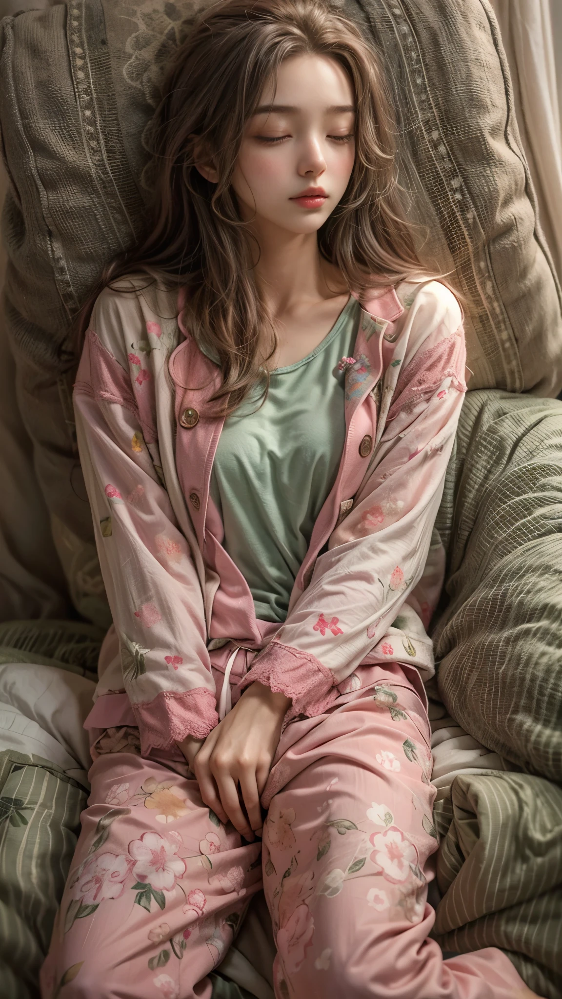 Sleeping girl, 22 years old, realistic, she is wearing long pants, she is wearing pink pajama, brown hair.