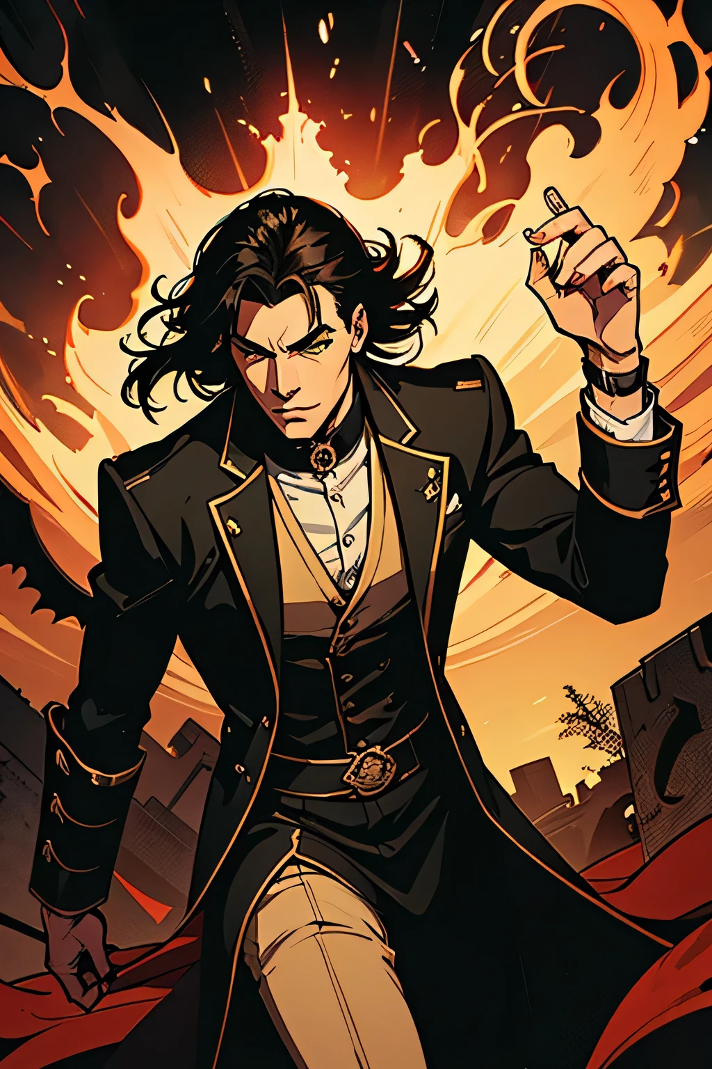 Villainous man, wearing a super detailed black jacket, black gloves, power in his right hand, black All Star Converse sneakers, yellow long hair, power of destruction in his control, ruined scenery with smoke and fires