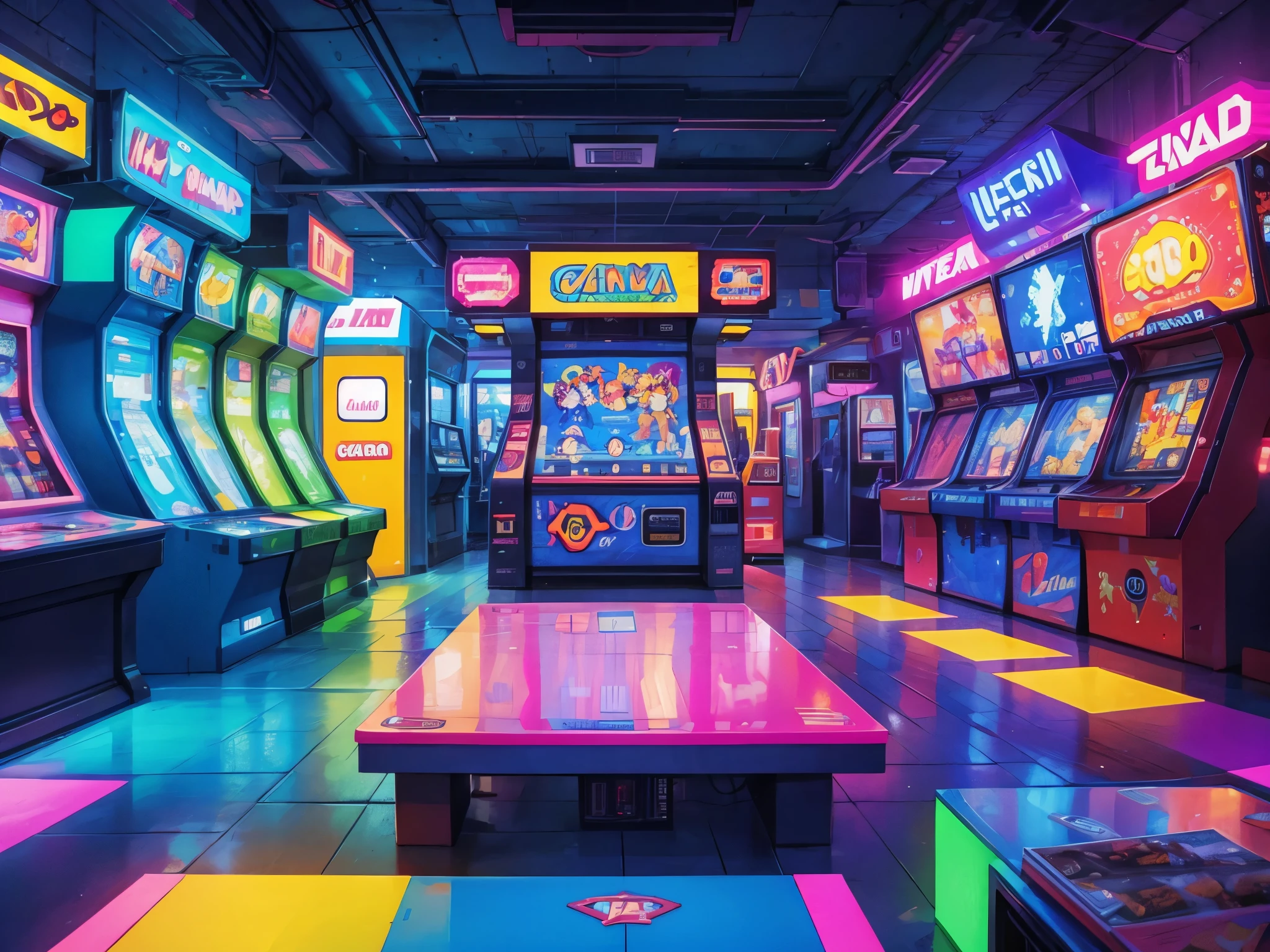 a neon-lit video game arcade with lots of games to play, with a large open area in the back, pixel art style