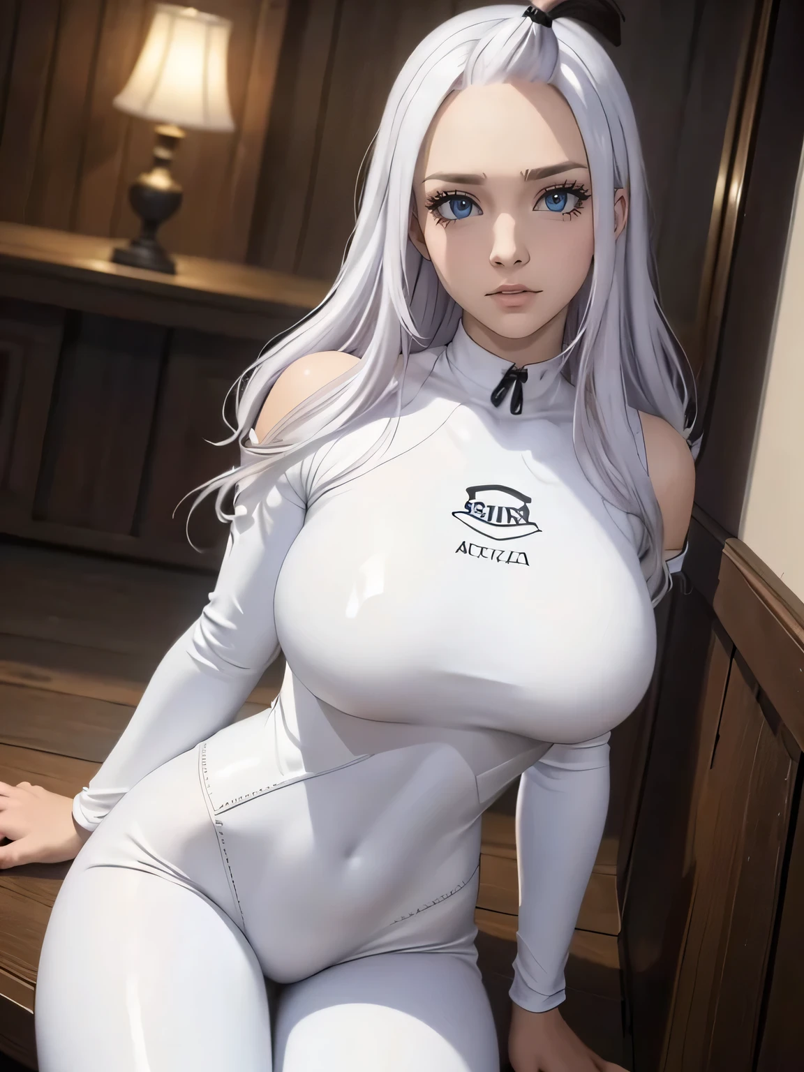 (masterpiece:1.1), (top quality:1.1), Whole body, short hair, good anatomy, lock of hair,, (1 girl:1.2), (detailed face and eyes:1.25), long white hair, Brown eyes, ((white bodysuit:1.2), big breasts,split:1.2), blush, I look at the viewer, mature woman, sidelocks, tatibana kyoka,, sitting, Elysiumchar, Oil painting,  