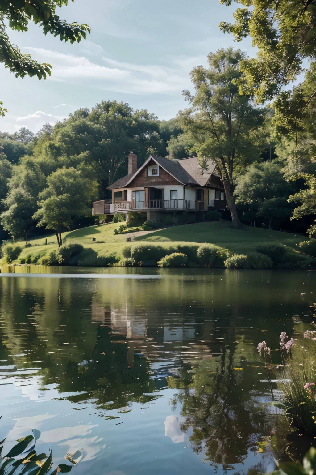 (best quality,4k,highres,ultra-detailed:1.2),realistic,landscape,detailed house on hill with trees reflected on the lake, bright sun creating vibrant white tones, peaceful atmosphere, summer vibes, tranquility, immersive scene