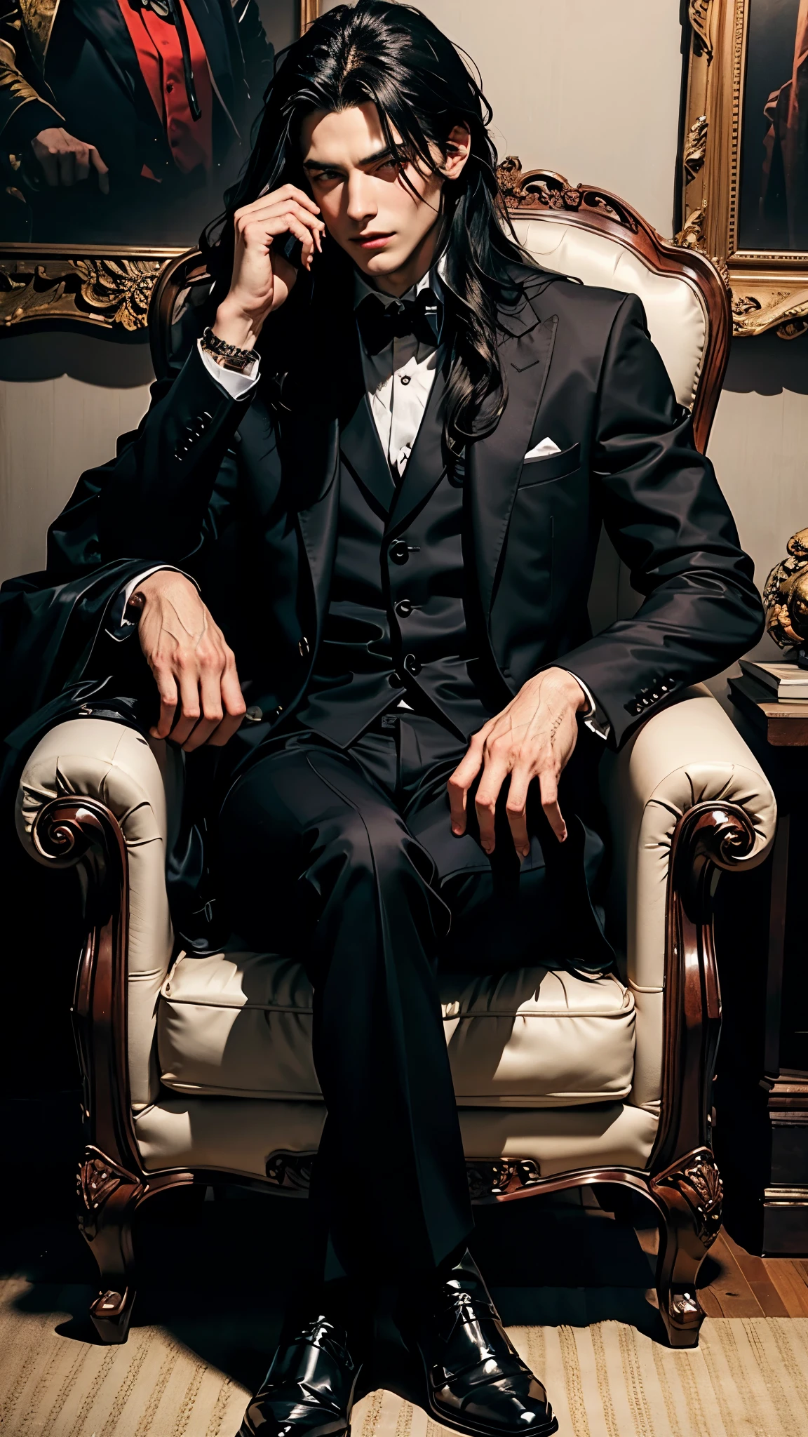 Man with long black hair, red eyes, black suit, black clothes, elegant, black boots, very handsome, sitting in the armchair, handsome man