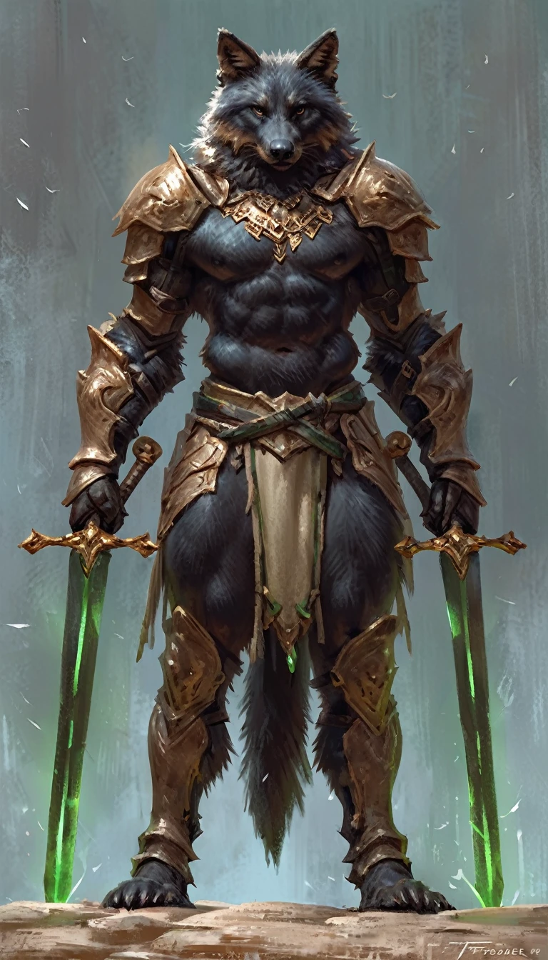 Anthro male black fox knight holding dual sword, solo, cocky expression, masterpiece, best art, full body, by taran fiddler, detailed eyes, detailed body, claws, tall, topless, pecs, abs, nipples, pauldrons,