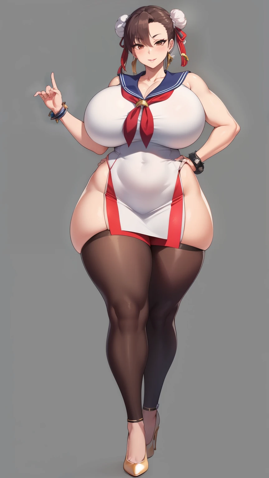 Big Breasts, Big Hips, Full Body Shot, Mature mother, Voluptuous thighs, Full calf, Seductive mature woman, Perfect body, Plus Size Model, Sailor suit, Wearing high heels,Miniskirt Uniform, mai shiranui, 