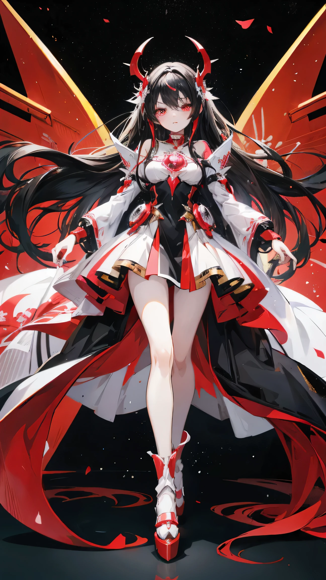 Anime girl, full body, very long hair, half white and half black hair, right eye color black, left eye color golden, black and red dress, mecha, sakura haruka