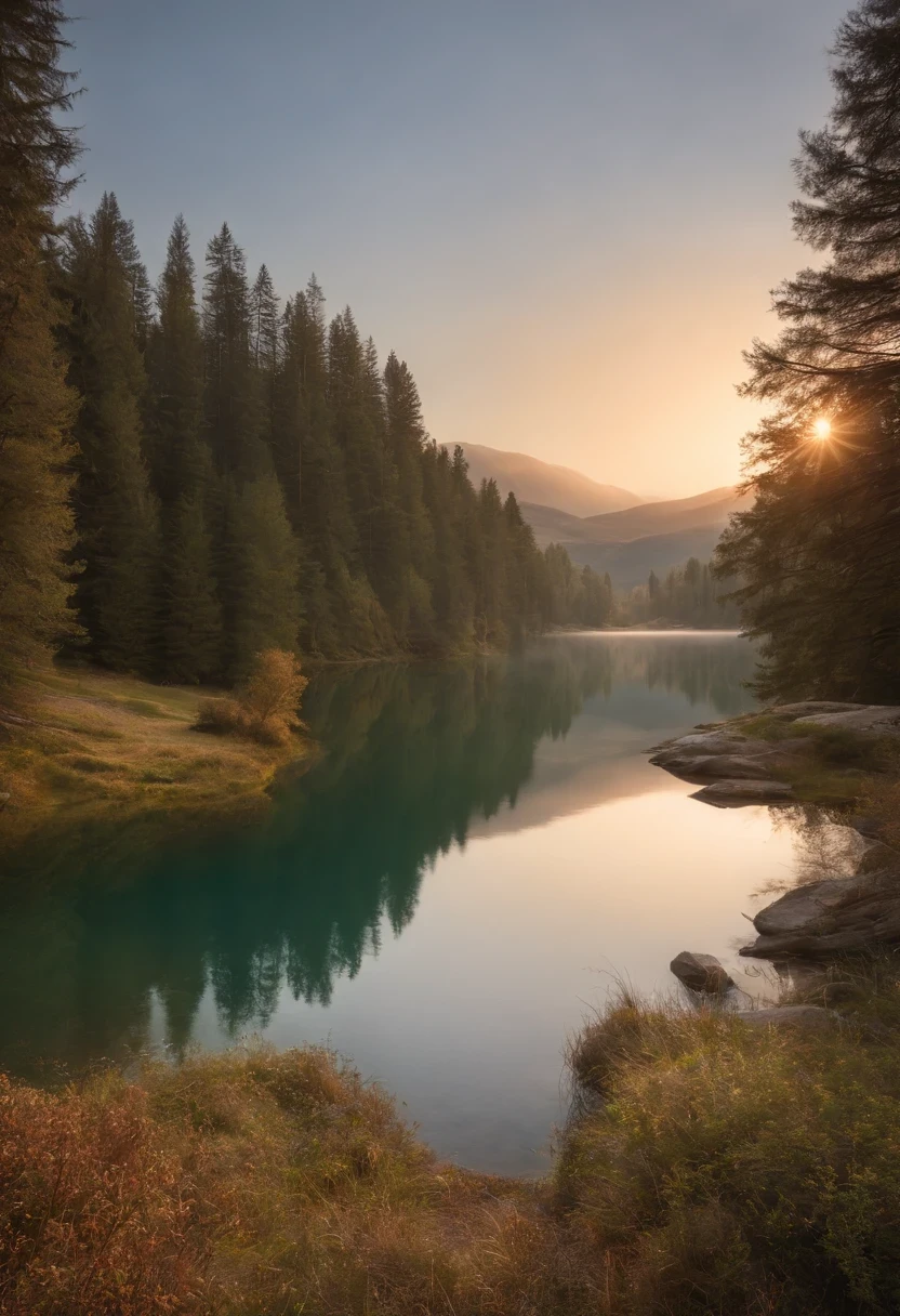high resolution (8k). Paisaje con hermosa puesta de sol. Viajero en lla orilla de un lago, Harmony with nature. Reflejo en el lago. The light shines through the trees. natural lighting. Totalmente inmerso en el momento.