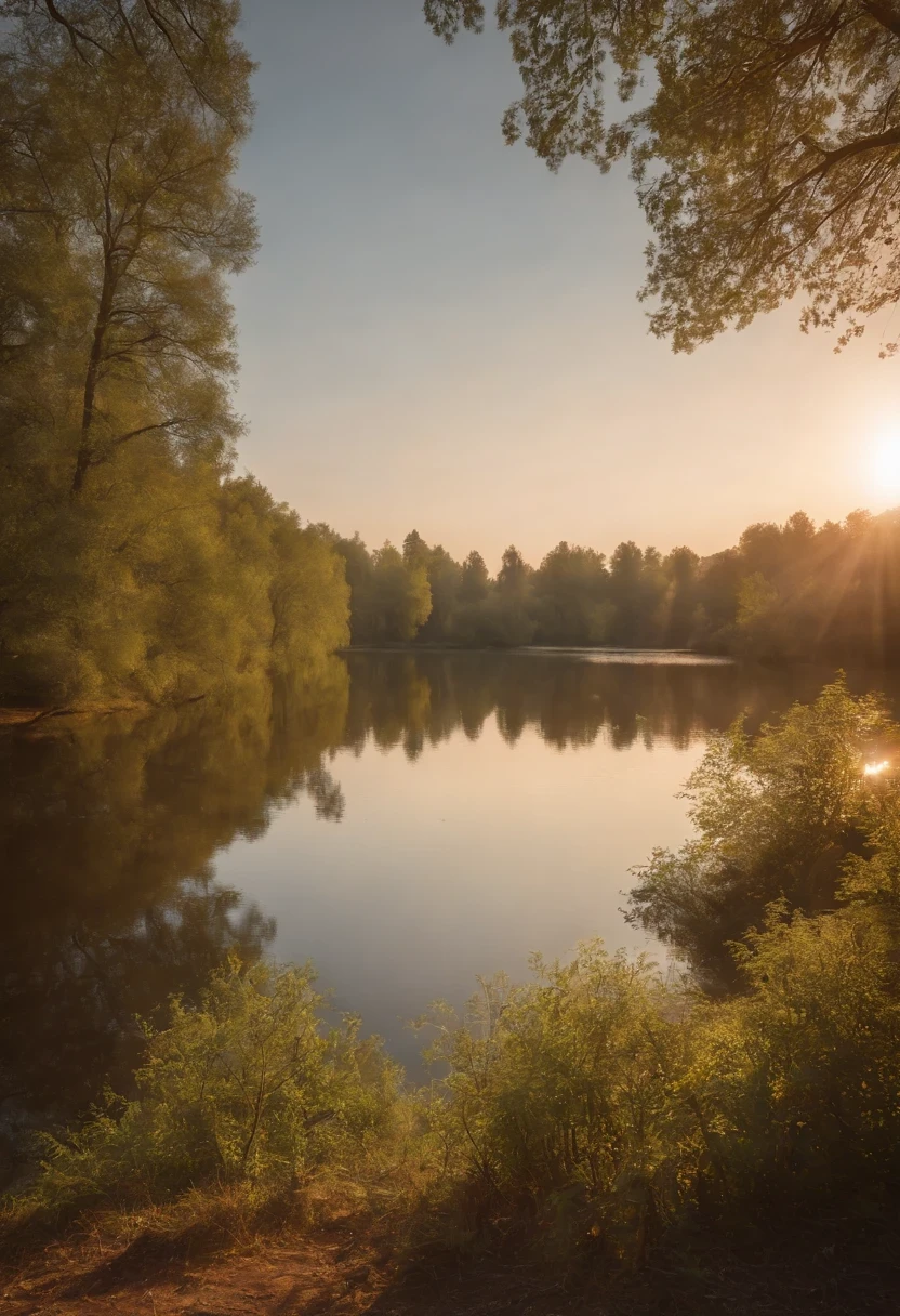 high resolution (8k). Paisaje con hermosa puesta de sol. Viajero en lla orilla de un lago, Harmony with nature. Reflejo en el lago. The light shines through the trees. natural lighting. Totalmente inmerso en el momento.
