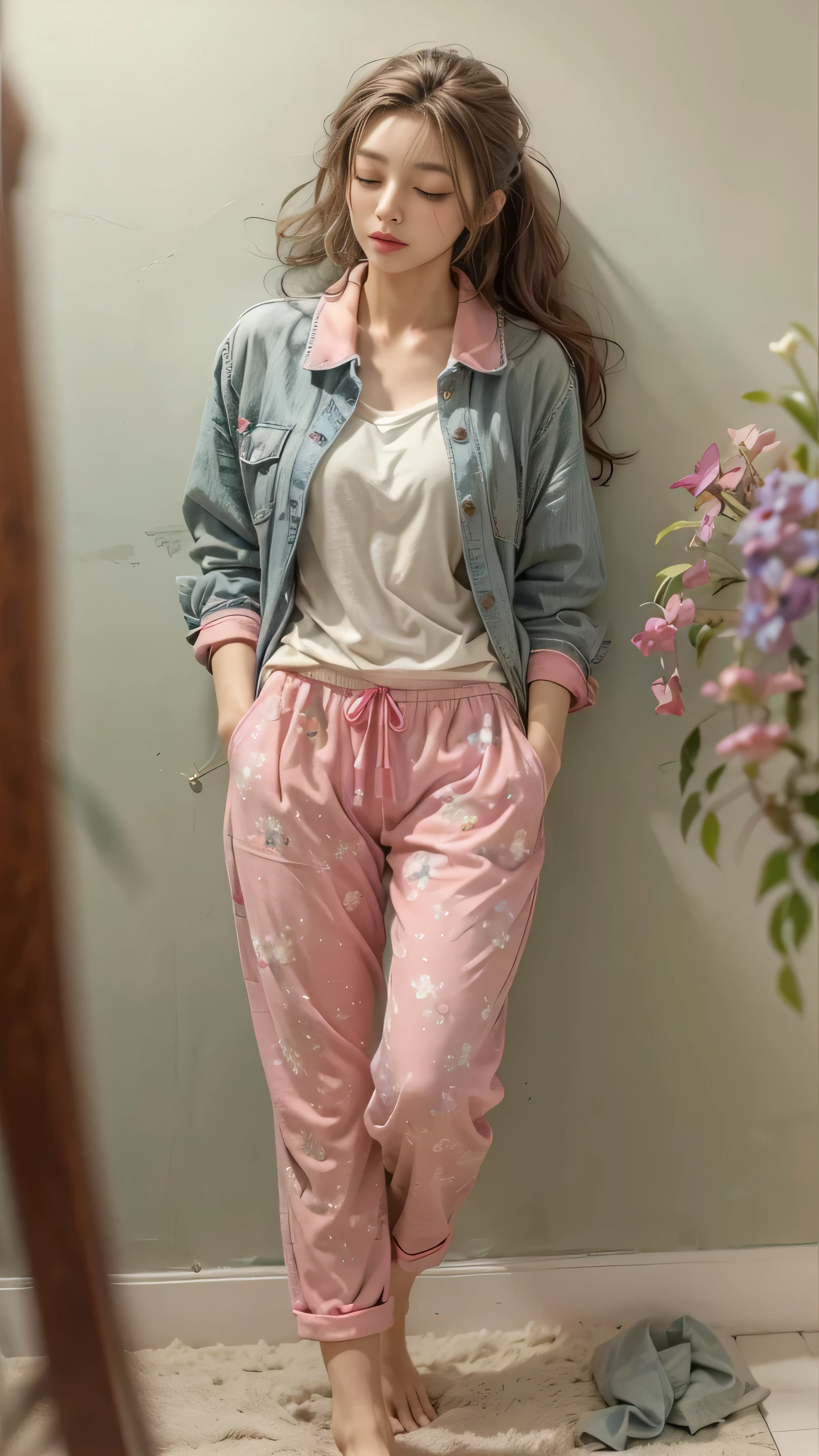 Sleeping girl, 22 years old, realistic, she is wearing long pants, she is wearing pink pajama, brown hair.