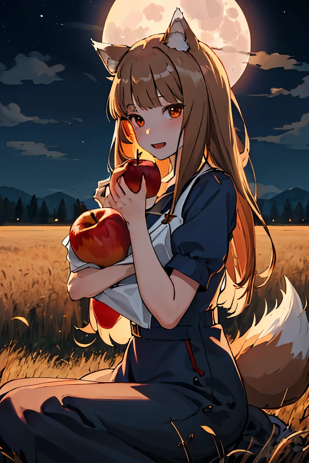 highest quality、High resolution、1 girl、alone、holo、Canine、tooth、(Aligning bangs、Light Brown Hair、Wolf Ears、One Tail、holo、Navy Blue Dress、Wheat field at night、full moon、It has a big tail、I have one apple