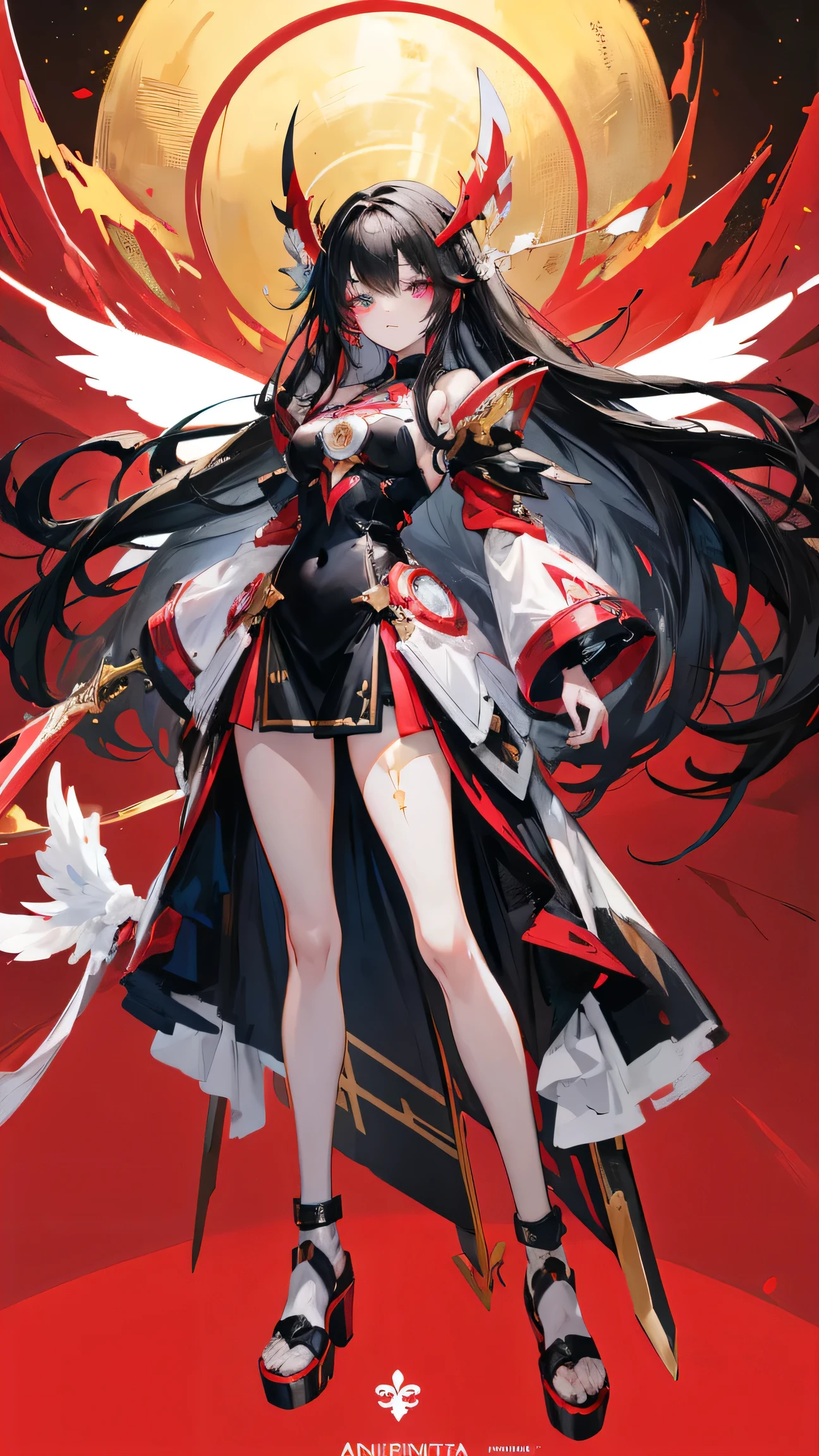 Anime girl, full body, very long hair, half white and half black hair, right eye color black, left eye color golden, black and red dress, mecha, sakura haruka