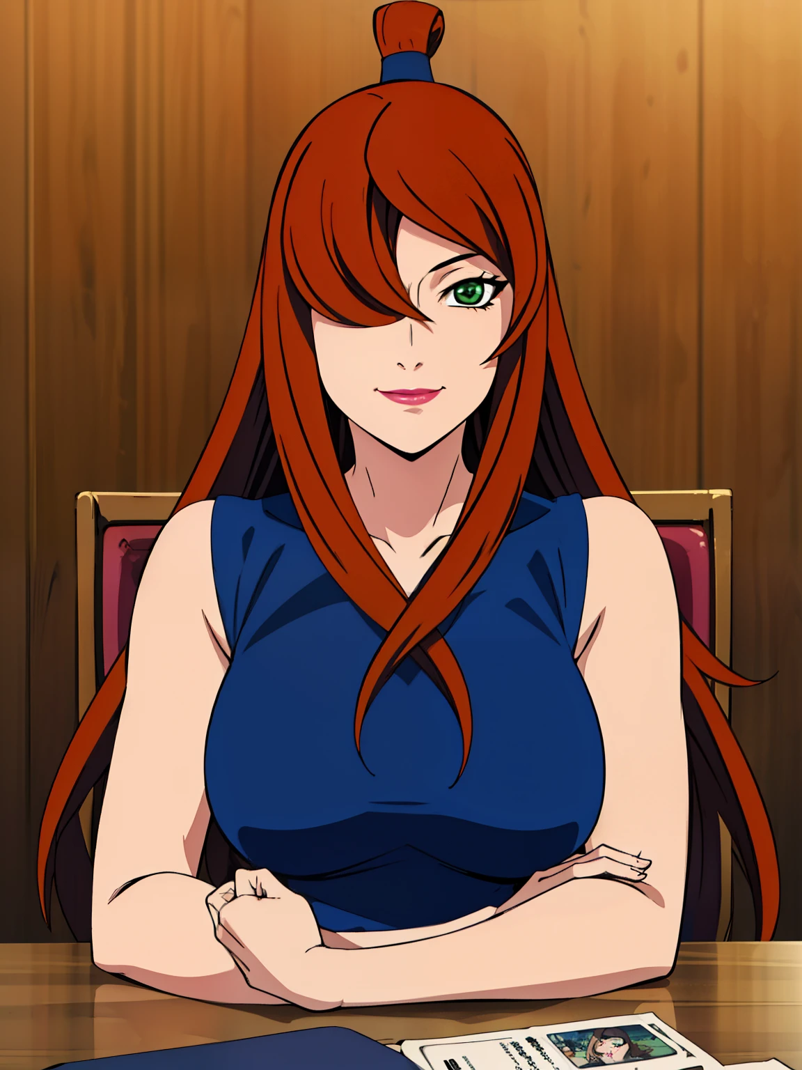 (POV Dating : 1), blue dress, Mei Terumi, anime cels style, best quality, high resolution, 1girl, (large breasts:1.2), beautiful face, long hair, brown hair, green eyes, ((hair over one eye)), red lipstick, cowboy shot, light smile