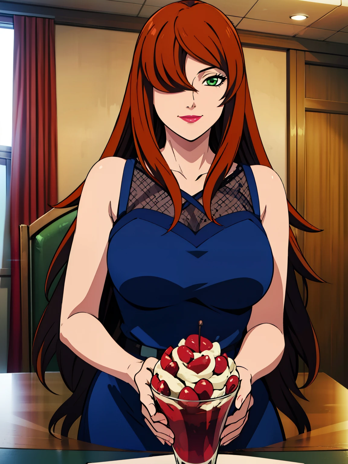 (POV Dating : 1), blue dress, Mei Terumi, anime cels style, best quality, high resolution, 1girl, (large breasts:1.2), beautiful face, long hair, brown hair, green eyes, ((hair over one eye)), red lipstick, cowboy shot, light smile