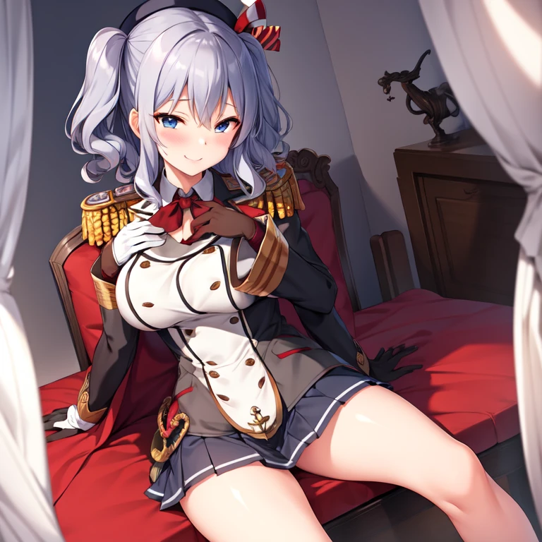 (masterpiece, best quality:1.2),Smirk,One hand touched his chest,illustration,8k,HD,1 Girl,Solitary,portrait,blush,Gray hair,blue eyes,curls,Double tail,Crane plum,Berets,Epaulettes,Ruffled sleeves,jacket,Large Breasts,Long sleeve,,mini skirt,Pleated Skirt,Red tie,White gloves,anchor,