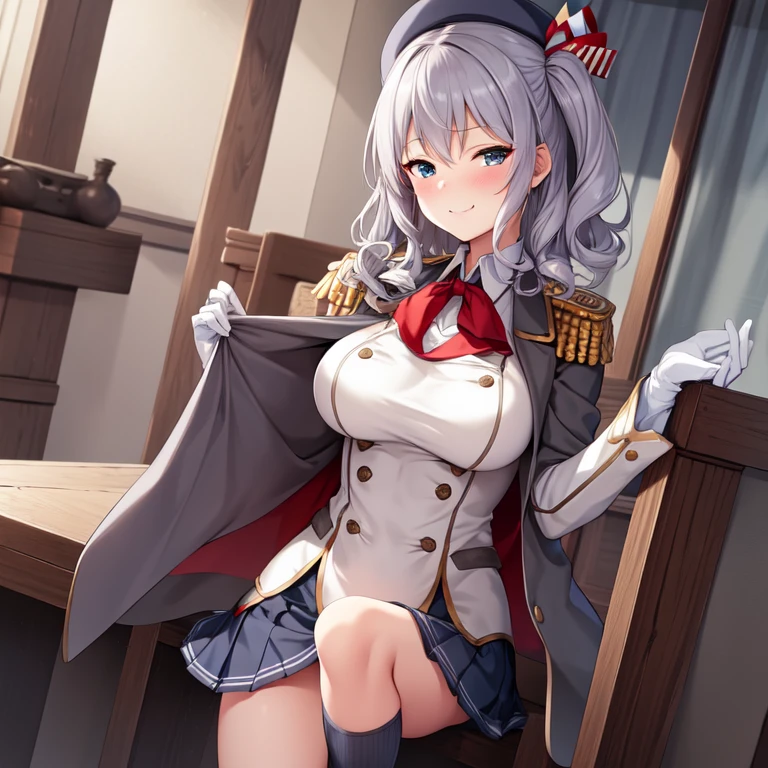 (masterpiece, best quality:1.2),Smirk,One hand touched his chest,illustration,8k,HD,1 Girl,Solitary,portrait,blush,Gray hair,blue eyes,curls,Double tail,Crane plum,Berets,Epaulettes,Ruffled sleeves,jacket,Large Breasts,Long sleeve,,mini skirt,Pleated Skirt,Red tie,White gloves,anchor,