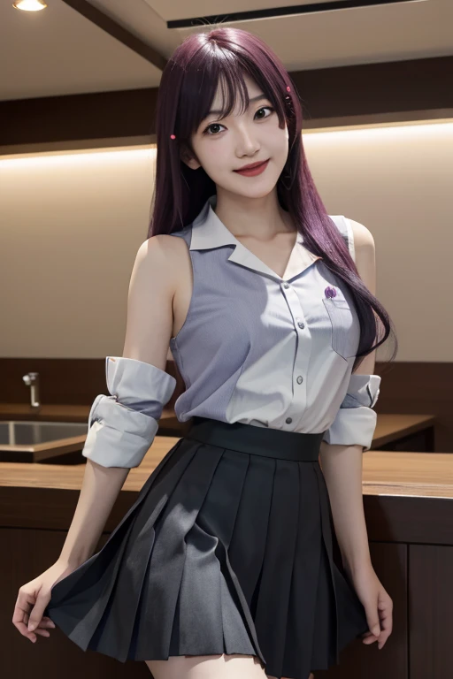 masterpiece, highest quality, High Resolution, Hitagi Senjogahara, Long Hair, No sleeve, uniform, Pleated skirt, Black thighs, Cowboy Shot, Laughter、