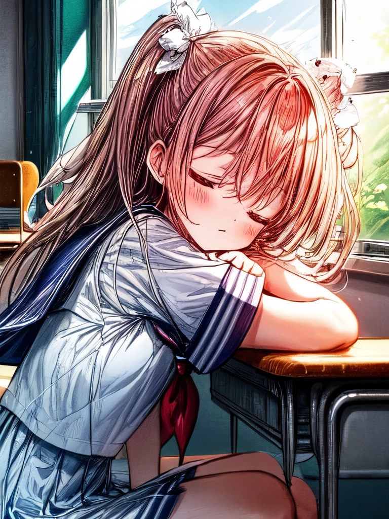 Create an image of a sitting girl who is sleeping in a classroom during the day, sailor suit, classroom, A person leaning on their hand and staring at you with a thoughtful expression. The image should capture the essence of summer, The girl should be in a typical summer pose, with a high-contrast effect and a subtle glow. The upper part of the screen should have a darker tone, gradually transitioning into a brighter tone towards the bottom.A beautiful scene of fluffy cumulus clouds entering through the window in the background.