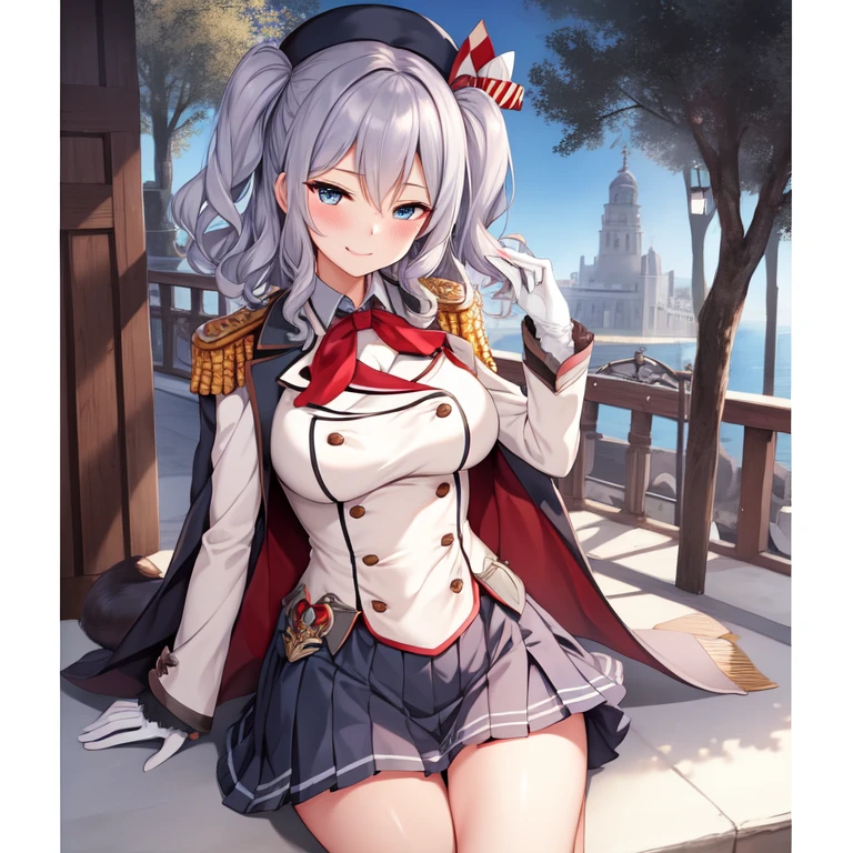 (masterpiece, best quality:1.2),Smirk,One hand touched his chest,illustration,8k,HD,1 Girl,Solitary,portrait,blush,Gray hair,blue eyes,curls,Double tail,Crane plum,Berets,Epaulettes,Ruffled sleeves,jacket,Large Breasts,Long sleeve,,mini skirt,Pleated Skirt,Red tie,White gloves,anchor,