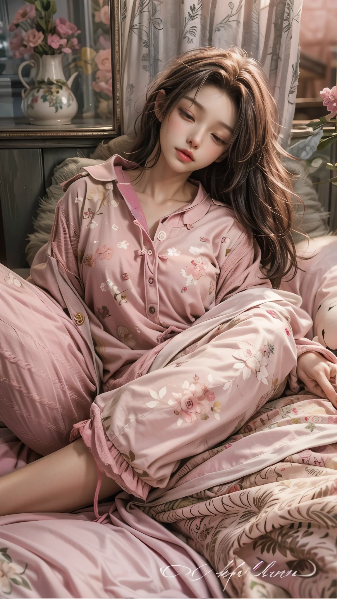 Sleeping girl, 22 years old, realistic, she is wearing long pants, she is wearing pink pajama, brown hair.