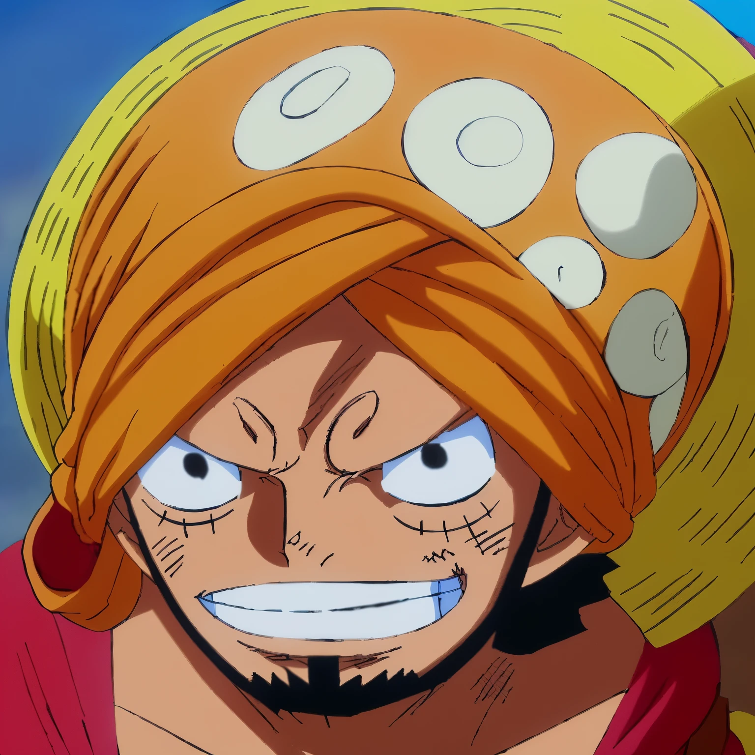 Create an image of a black human being who wears a turban on his head and has a shallow beard, This drawing has to be similar to the features of the One Piece anime