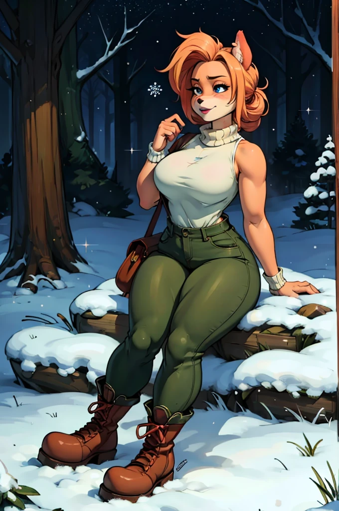(best quality, highres, (realistic:1.37), ultra-detailed, professional, vivid colors, bokeh), digital illustration, cozy atmosphere, warm lighting, winter landscape, snowy forest, enchanted forest, girl with a sweater, cloves, ,pants, army boots, furry anthro bandicoot, playful expression, dynamic pose, snowflakes, misty breath, magical aura, dreamlike, peaceful, fantasy theme
