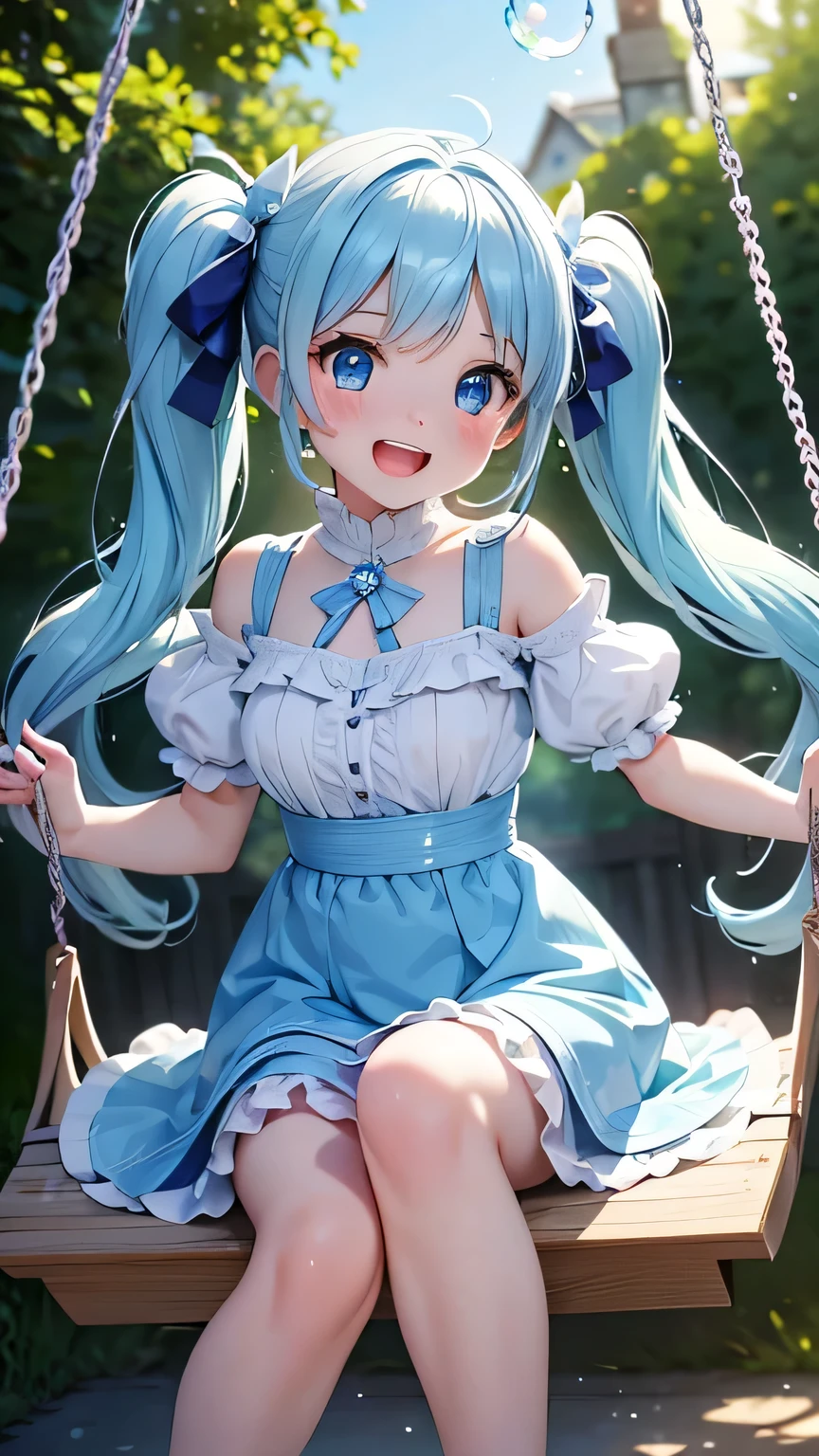 I'm sitting on a swing, soap bubbles are flying around me, long light blue hair, twin tails, sparkling blue eyes, (a masterpiece, top quality, super detailed, illustration, very delicate and beautiful ), cinematic shadows, upper body, open mouth, dynamic pose, smile, feet in focus,