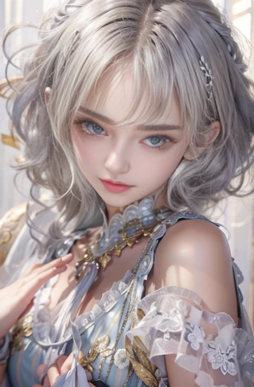 (masterpiece:1.3), (8k, Photorealistic, Raw photo, Best image quality: 1.4), Fair-skinned fairy woman, short Haircut、Cleavage:2.0、Super detailed face、Attention to detail、double eyelid、Put your chest together、Sharp focus:1.2、Beautiful woman:1.4、age 8, Silvery white hair、highest quality、masterpiece、超A high resolution、(Photorealistic:1.4)、Highly detailed and professionally lit smile、Loose, light, Ancient Greek clothing、Shoulder out、thin、Serious expression、Short-haired、Deadly position, one person