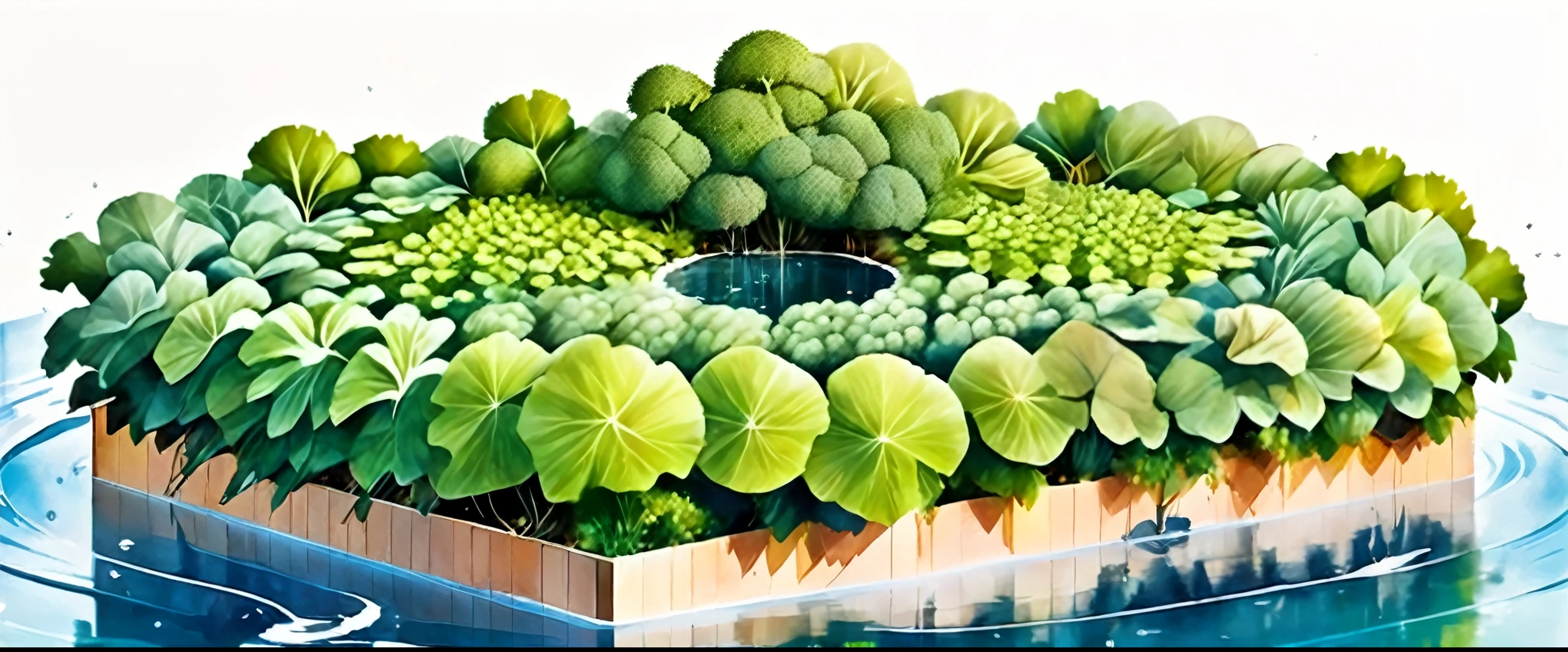 Cross-section of a single hexagonal artificial micro-island of metal floating on the water for vegetable cultivation，White background