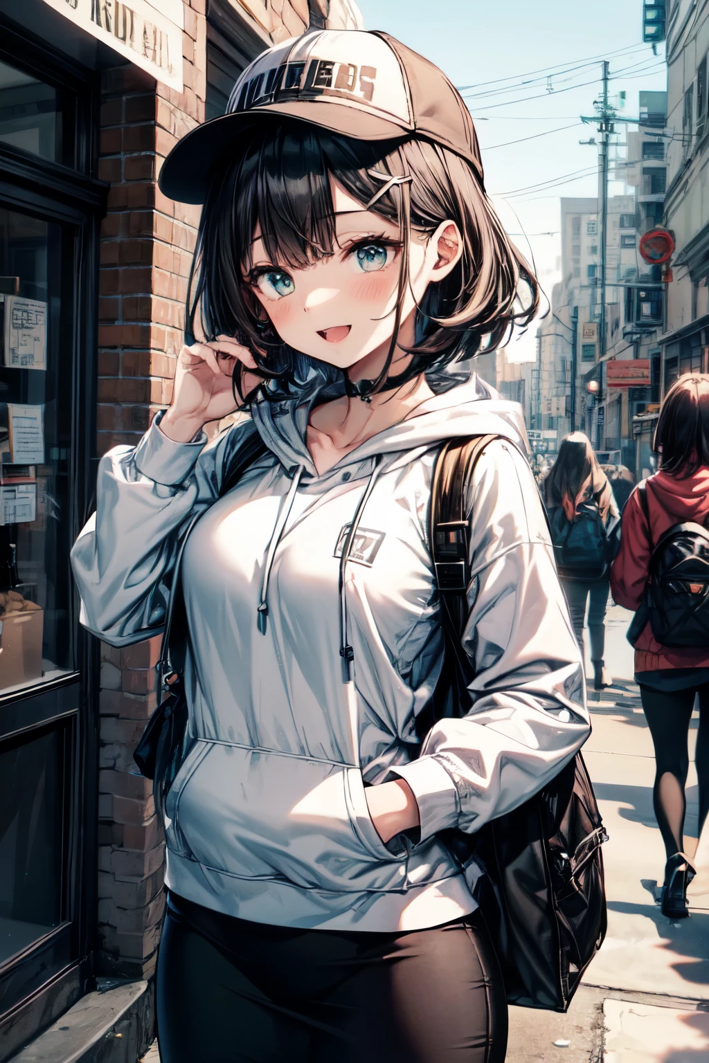 an extremely delicate,
beautiful girl,
break,
8k,
best quality,
masterpiece,
ultra hires,
ultra detailed girl,
super fine illustration,
break,
active pose,
street,
shiny,
bright,
rim lighting,
break,
1girl,
solo,
college age,
perfect female body,
black hair,
short hair,
bangs hairpin,
asymmetrical bangs,
round face,
PaleTurquoise eyes,
sleepy,
(smile:0.8),
medium breasts,
open mouth,
break,
casquette,
hoodie,
pencil Skirt,
long sleeves,
knapsack,