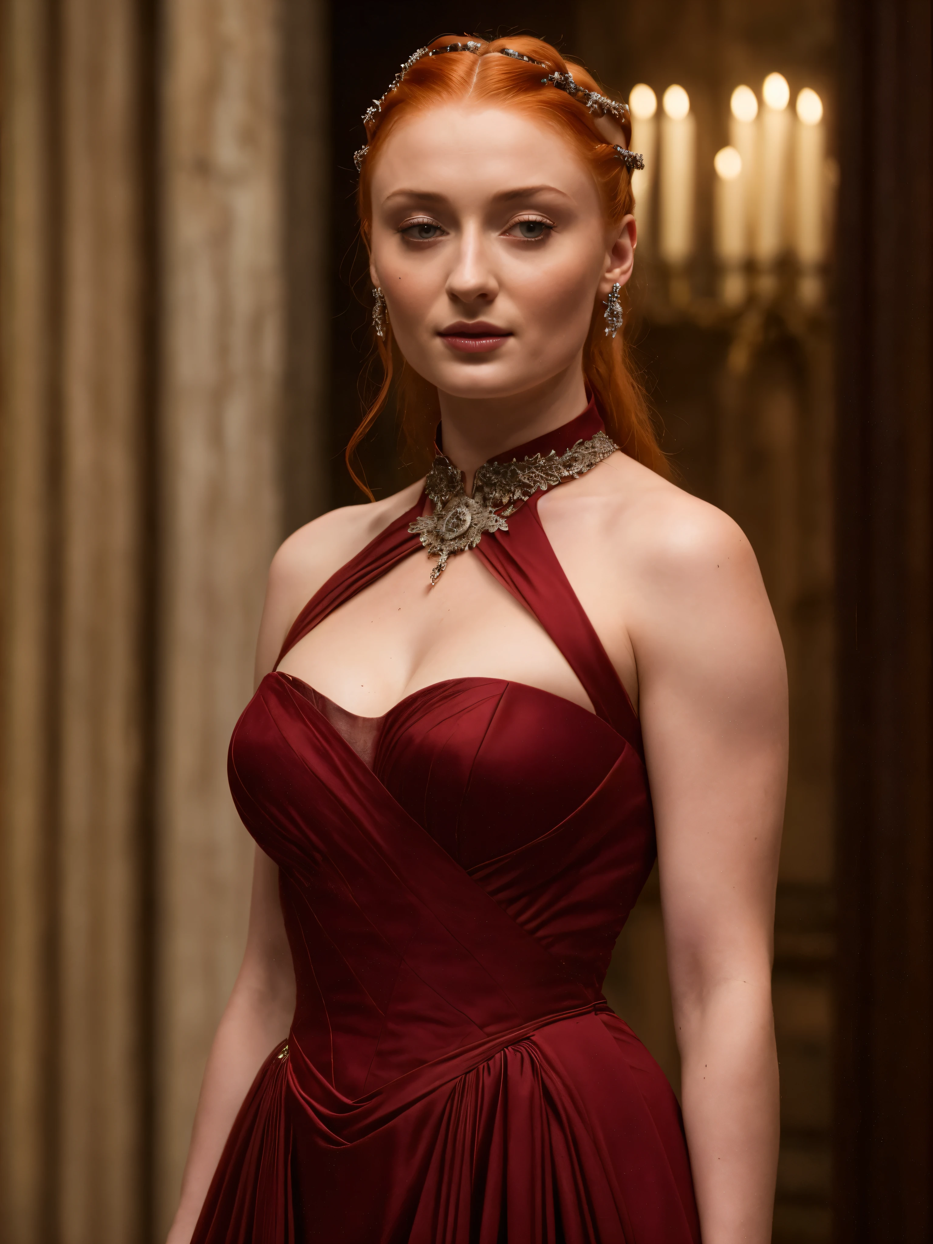 Face of Sophie Turner, Sansa Stark played by Sophie Turner, the de facto Lady of the Eyrie, is a 40-year-old mature queen with a stunning, alluring appearance. Full Face, pierced eyes, reddish lips, upper body shot, erotic Mediaeval costumes, game of thrones costumes, She wears a Game of Thrones-inspired costume and has a deep cleavage, a perfect thick body, and a perfect thick figure. The photograph captures her in a close-up, with her skin texture and facial features being ultra-realistic and realistic. Juicy thick figure, high quality skin, Skin pores, amazing details, 