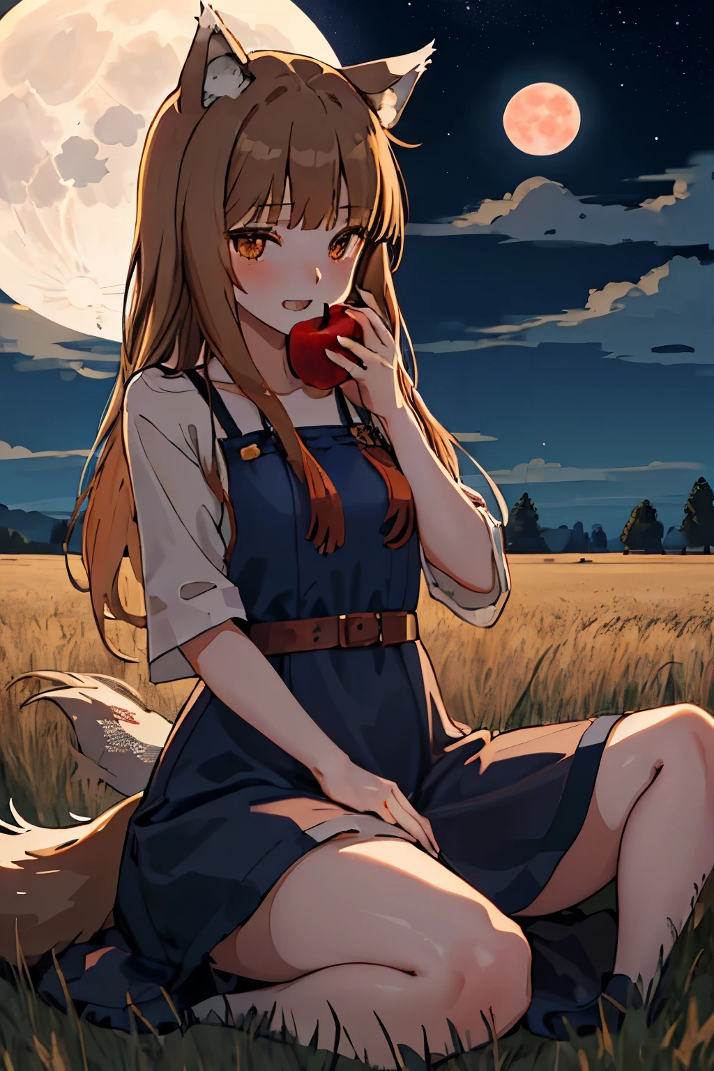 highest quality、High resolution、1 girl、alone、holo、Canine、tooth、(Aligning bangs、Light Brown Hair、Wolf Ears、One Tail、holo、Navy Blue Dress、Wheat field at night、full moon、It has a big tail、I have one apple