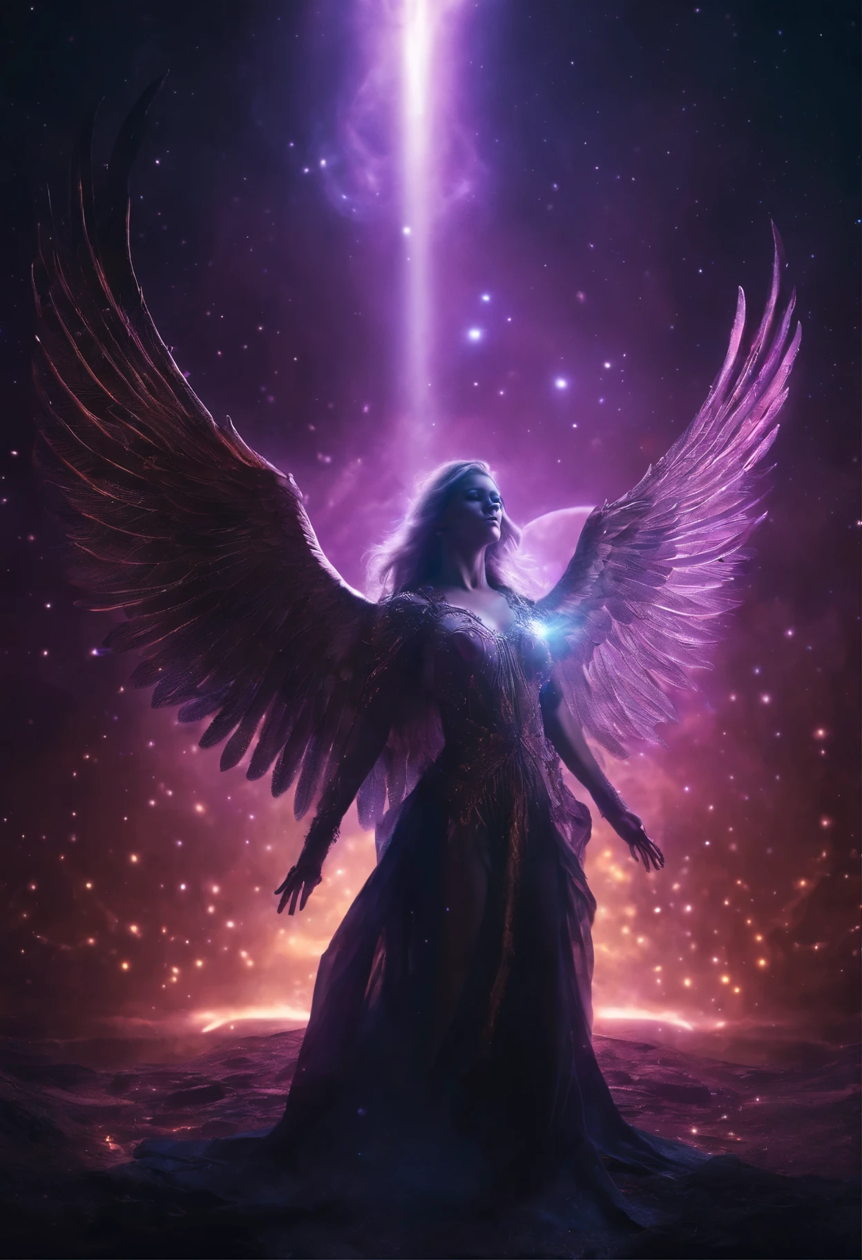 Cosmic Fallen Angel, glowing light eyes, Biomechanical, eerie, Creepy, nightmarish, Very bright colors, Light particles, with light glowing, Mshiff, wallpaper art, UHD wallpaper