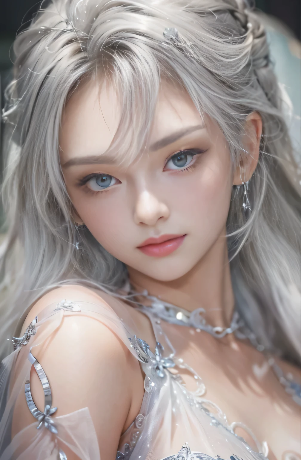 (masterpiece:1.3), (8k, Photorealistic, Raw photo, Best image quality: 1.4), Fair-skinned fairy woman, short Haircut、Cleavage:2.0、Super detailed face、Attention to detail、double eyelid、Put your chest together、Sharp focus:1.2、Beautiful woman:1.4、age 8, Silvery white hair、highest quality、masterpiece、超A high resolution、(Photorealistic:1.4)、Highly detailed and professionally lit smile、Loose, light, Ancient Greek clothing、Shoulder out、thin、Serious expression、Short-haired、Deadly position, one person