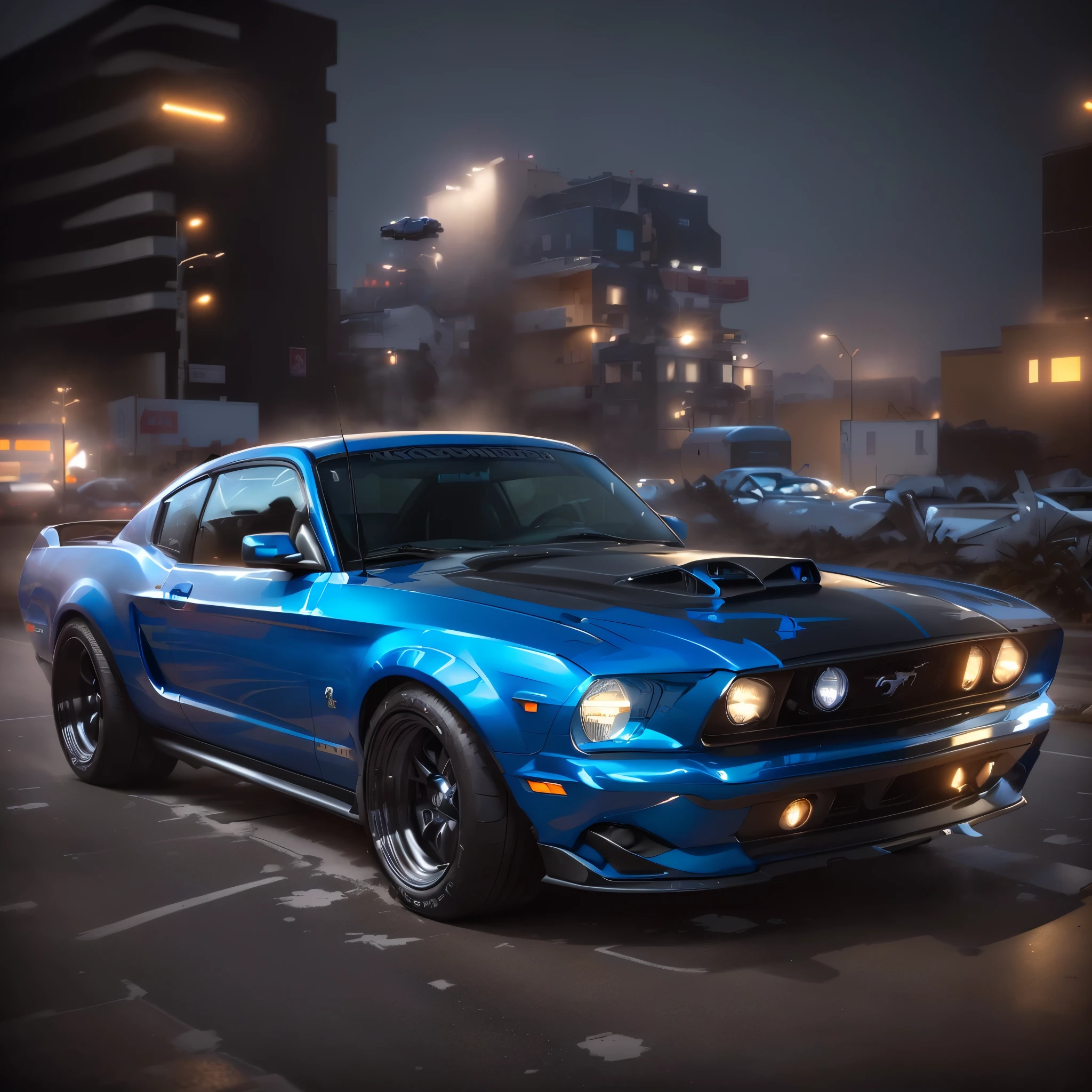 there is a blue mustang car driving in a city street, night, buildings in the background, mustang, hyper real render, muscle cars, octane cgsociety, kodakchrome : : 8 k, highly detailed hyper real retro, hq 4k wallpaper, realistic. octane render, hyper realistic render, photo realistic octane render, ( octane render ), dan mumford. 8 k octane render