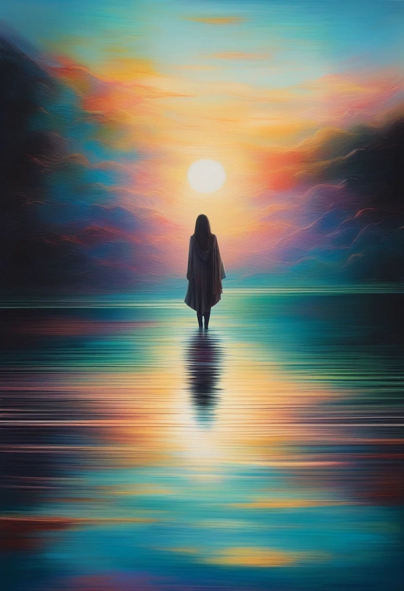 floating, serene water, gentle ripples, clear reflection, peaceful atmosphere, soft sunlight, tranquility, weightless, calm, dreamlike, ethereal, surreal, minimalistic, abstract, vibrant colors, subtle gradients, smooth blending, delicate details, masterful brushstrokes, impressionistic, serene landscapes, poetic, harmonious composition, serene figure, contemplative, boundless horizon, limitless possibilities, transcendent, infinite .