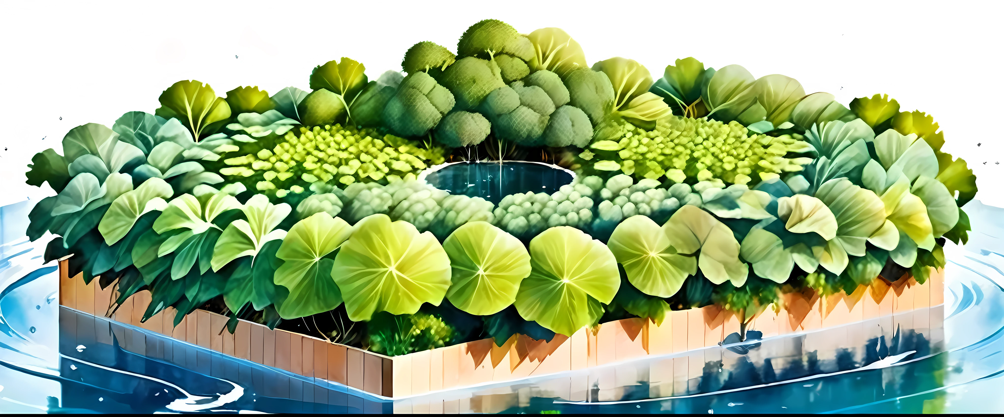 Cross-section of a single hexagonal artificial micro-island of metal floating on the water for vegetable cultivation，White background