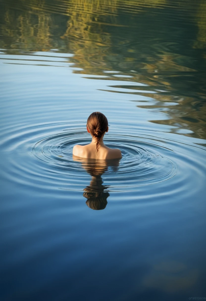 floating, serene water, gentle ripples, clear reflection, peaceful atmosphere, soft sunlight, tranquility, weightless, calm, dreamlike, ethereal, surreal, minimalistic, abstract, vibrant colors, subtle gradients, smooth blending, delicate details, masterful brushstrokes, impressionistic, serene landscapes, poetic, harmonious composition, serene figure, contemplative, boundless horizon, limitless possibilities, transcendent, infinite .