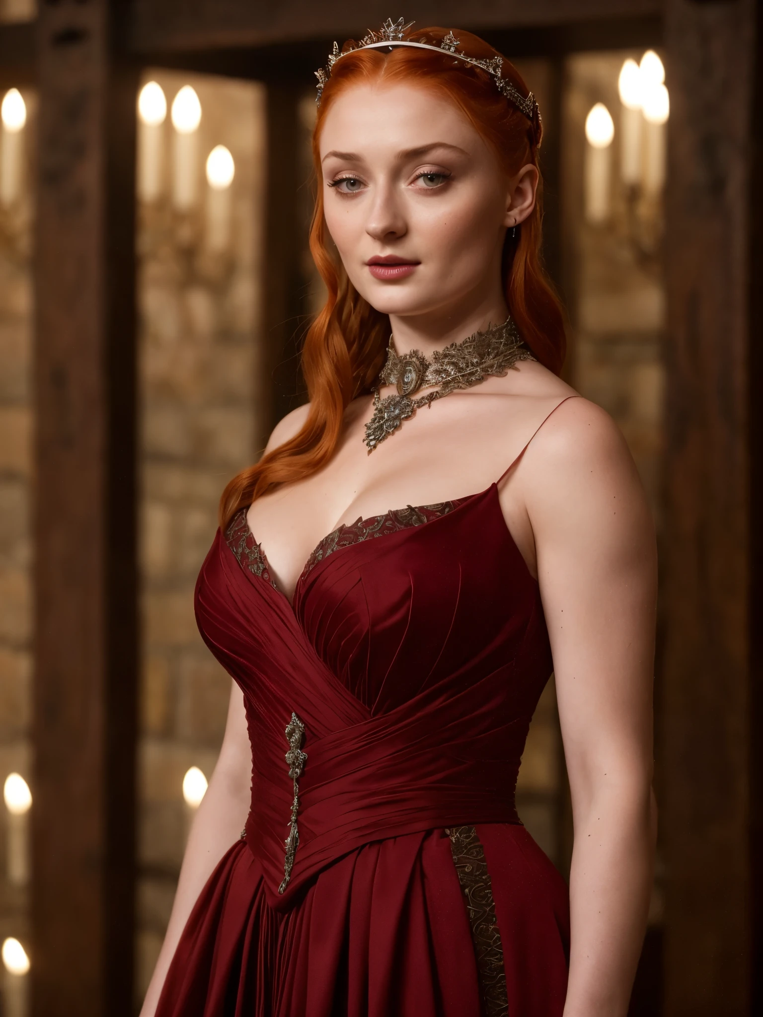 Face of Sophie Turner, Sansa Stark played by Sophie Turner, the de facto Lady of the Eyrie, is a 40-year-old mature queen with a stunning, alluring appearance. Full Face, pierced eyes, reddish lips, upper body shot, erotic Mediaeval costumes, game of thrones costumes, She wears a Game of Thrones-inspired costume and has a deep cleavage, a perfect thick body, and a perfect thick figure. The photograph captures her in a close-up, with her skin texture and facial features being ultra-realistic and realistic. Juicy thick figure, high quality skin, Skin pores, amazing details,