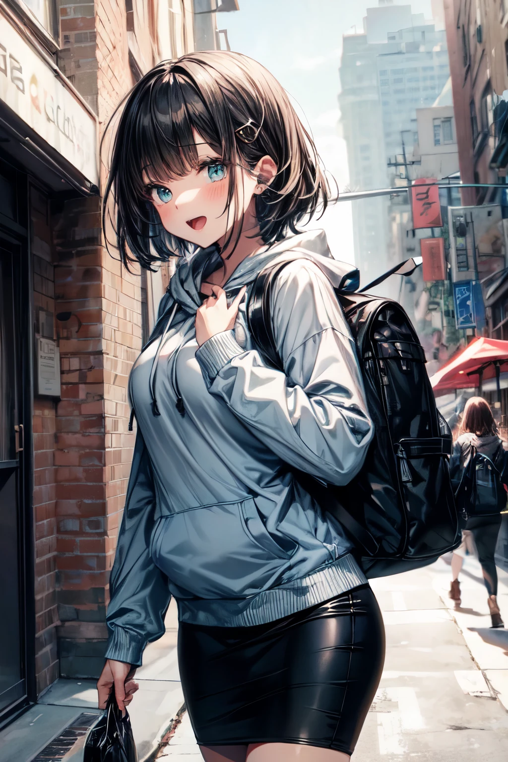 an extremely delicate,
beautiful girl,
break,
8k,
best quality,
masterpiece,
ultra hires,
ultra detailed girl,
super fine illustration,
break,
active pose,
street,
shiny,
bright,
rim lighting,
break,
1girl,
solo,
college age,
perfect female body,
black hair,
short hair,
bangs hairpin,
asymmetrical bangs,
round face,
PaleTurquoise eyes,
sleepy,
(smile:0.8),
medium breasts,
open mouth,
break,
hoodie,
pencil Skirt,
long sleeves,
knapsack,