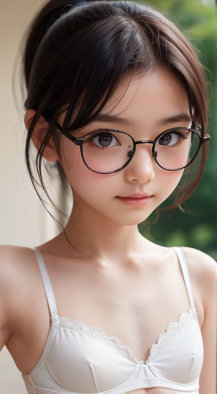 highest quality, RAW Photos, Realistic, face, Incredibly ridiculously beautiful girl, cute, Long Hair,ponytail，Glasses，Depth of written boundary, High resolution, 超detailed, detailed, Very detaileded, extremely detaileded eye and face, Sharp pupils, Realistic students, Sharp focus, Cinema Lighting, flat breasts, small breasts, small,( small bust: 1.2), small bust, (slim, small, flat, small), thin, Delicate and sexy collarbone, (White shirt:1.2), (Lifting ワイシャツ to show off a small white bra:1.5)))，((Esbian all over))，