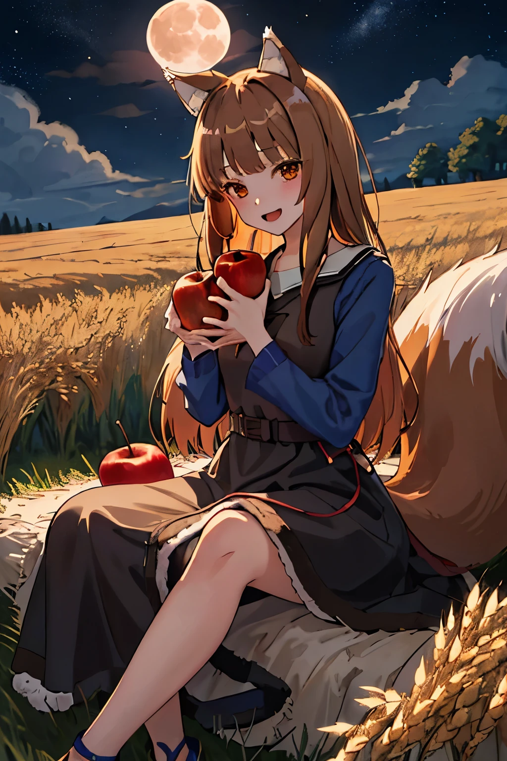 highest quality、High resolution、1 girl、alone、holo、Canine、tooth、(Aligning bangs、Light Brown Hair、Wolf Ears、One Tail、holo、Navy Blue Dress、Wheat field at night、full moon、It has a big tail、I have one apple