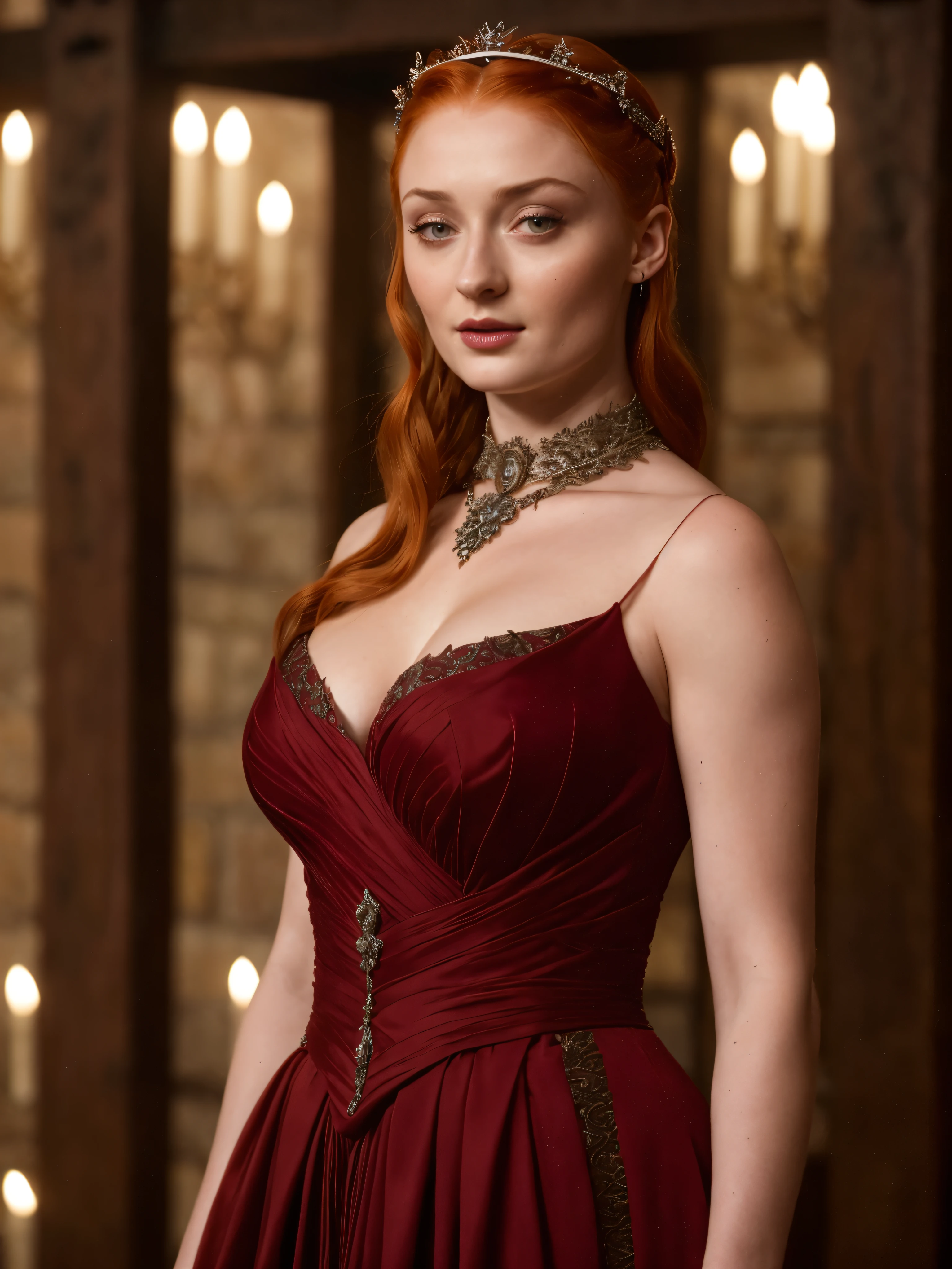 Face of Sophie Turner, Sansa Stark played by Sophie Turner, the de facto Lady of the Eyrie, is a 40-year-old mature queen with a stunning, alluring appearance. Full Face, pierced eyes, reddish lips, upper body shot, erotic Mediaeval costumes, game of thrones costumes, She wears a Game of Thrones-inspired costume and has a deep cleavage, a perfect thick body, and a perfect thick figure. The photograph captures her in a close-up, with her skin texture and facial features being ultra-realistic and realistic. Juicy thick figure, high quality skin, Skin pores, amazing details,