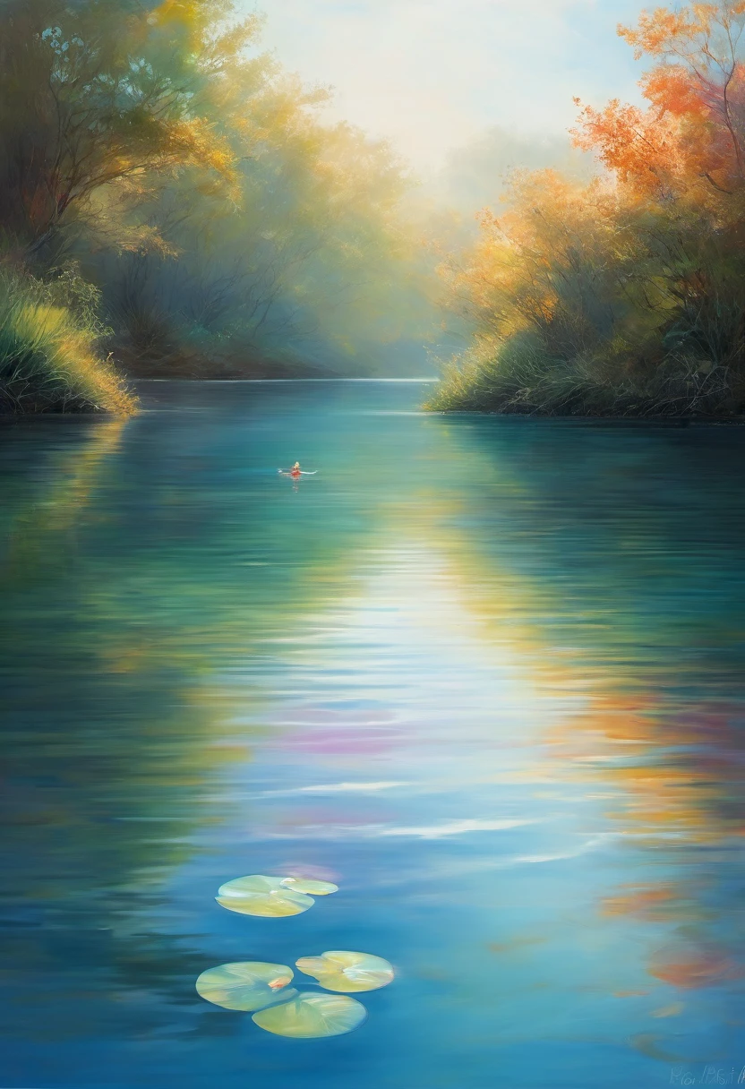 floating, serene water, gentle ripples, clear reflection, peaceful atmosphere, soft sunlight, tranquility, weightless, calm, dreamlike, ethereal, surreal, minimalistic, abstract, vibrant colors, subtle gradients, smooth blending, delicate details, masterful brushstrokes, impressionistic, serene landscapes, poetic, harmonious composition, serene figure, contemplative, boundless horizon, limitless possibilities, transcendent, infinite .