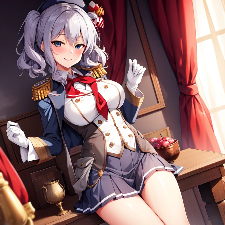 (masterpiece, best quality:1.2),Smirk,One hand touched his chest,illustration,8k,HD,1 Girl,Solitary,portrait,blush,Gray hair,blue eyes,curls,Double tail,Crane plum,Berets,Epaulettes,Ruffled sleeves,jacket,Large Breasts,Long sleeve,,mini skirt,Pleated Skirt,Red tie,White gloves,anchor,