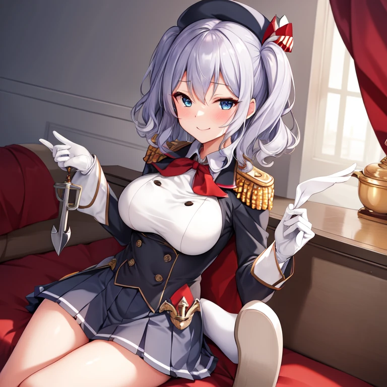 (masterpiece, best quality:1.2),Smirk,One hand touched his chest,illustration,8k,HD,1 Girl,Solitary,portrait,blush,Gray hair,blue eyes,curls,Double tail,Crane plum,Berets,Epaulettes,Ruffled sleeves,jacket,Large Breasts,Long sleeve,,mini skirt,Pleated Skirt,Red tie,White gloves,anchor,