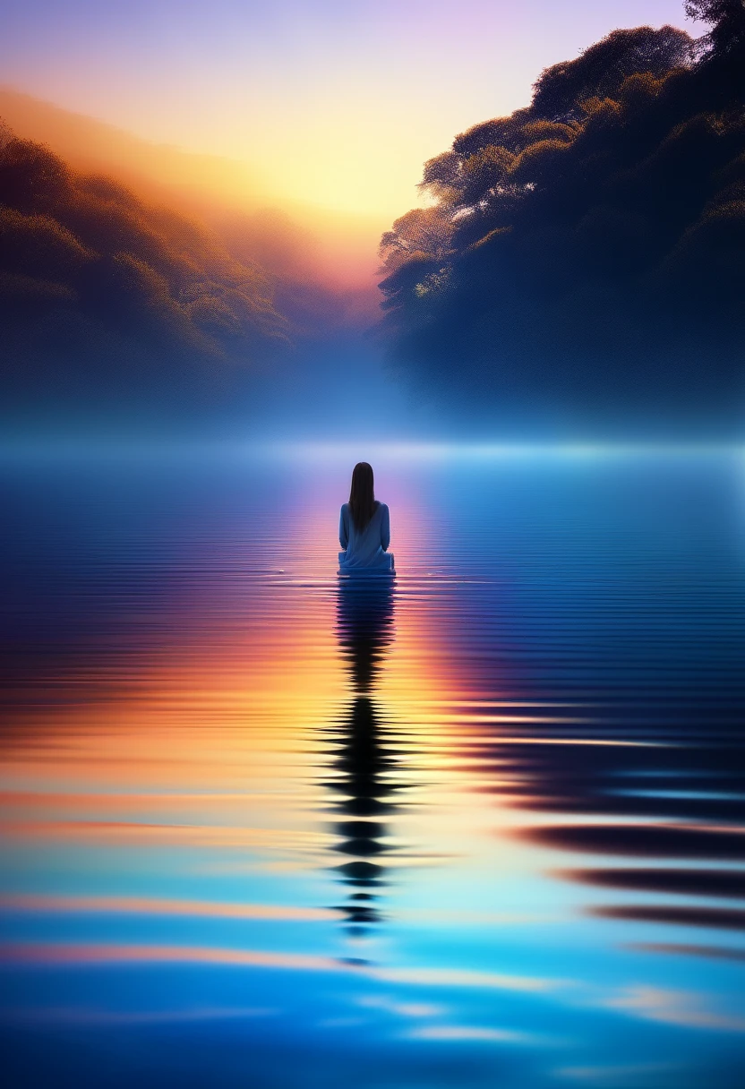 floating, serene water, gentle ripples, clear reflection, peaceful atmosphere, soft sunlight, tranquility, weightless, calm, dreamlike, ethereal, surreal, minimalistic, abstract, vibrant colors, subtle gradients, smooth blending, delicate details, masterful brushstrokes, impressionistic, serene landscapes, poetic, harmonious composition, serene figure, contemplative, boundless horizon, limitless possibilities, transcendent, infinite .