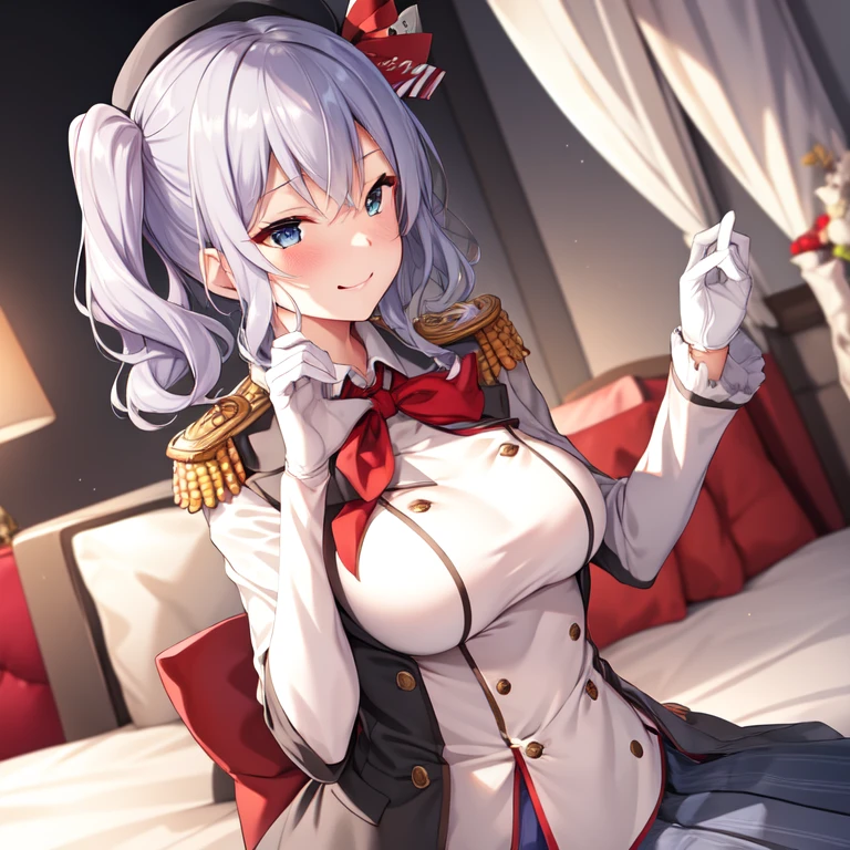 (masterpiece, best quality:1.2),Smirk,One hand touched his chest,illustration,8k,HD,1 Girl,Solitary,portrait,blush,Gray hair,blue eyes,curls,Double tail,Crane plum,Berets,Epaulettes,Ruffled sleeves,jacket,Large Breasts,Long sleeve,,mini skirt,Pleated Skirt,Red tie,White gloves,anchor,