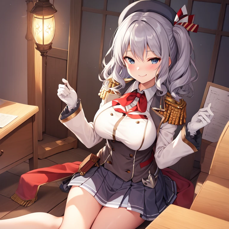 (masterpiece, best quality:1.2),giggle,A hand touched his chest,illustration,8k,HD,1 girl,solitary,portrait,blush,White hair,blue eyes,curls,Double tail,Crane plum,Berets,Epaulettes,Ruffled sleeves,jacket,Large Breasts,Long sleeve,,mini skirt,Pleated Skirt,Red tie,White gloves,anchor,Solid color background